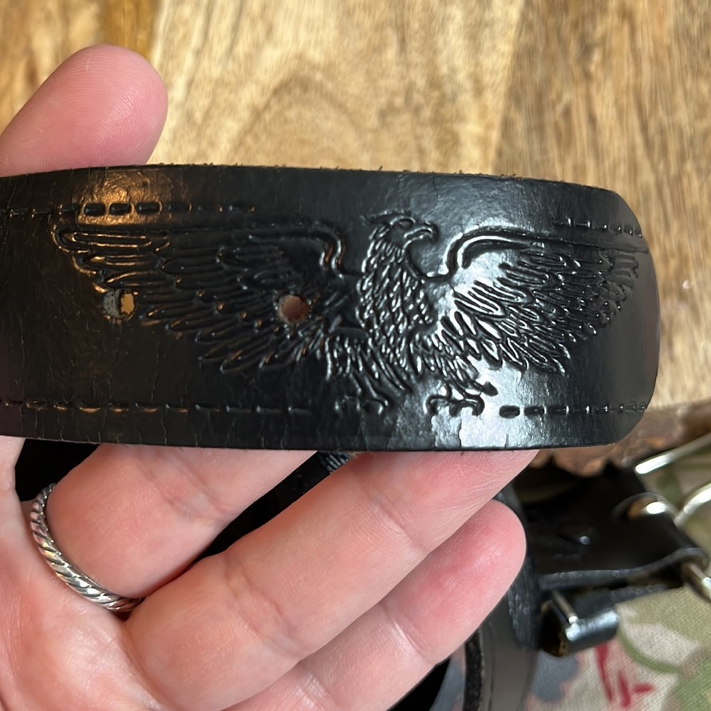 Vtg HARLEY DAVIDSON Size XL 42-44 Embossed Eagle Belt Black Thick Leather Silver - Picture 9 of 16